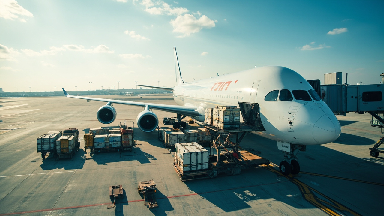 Cargo aircraft loaded with shipping containers at international airport for air freight of clothing goods
