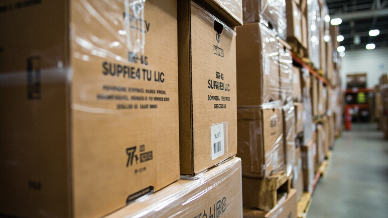 Shipping boxes stacked on pallets wrapped in plastic for clothing apparel warehouse logistics