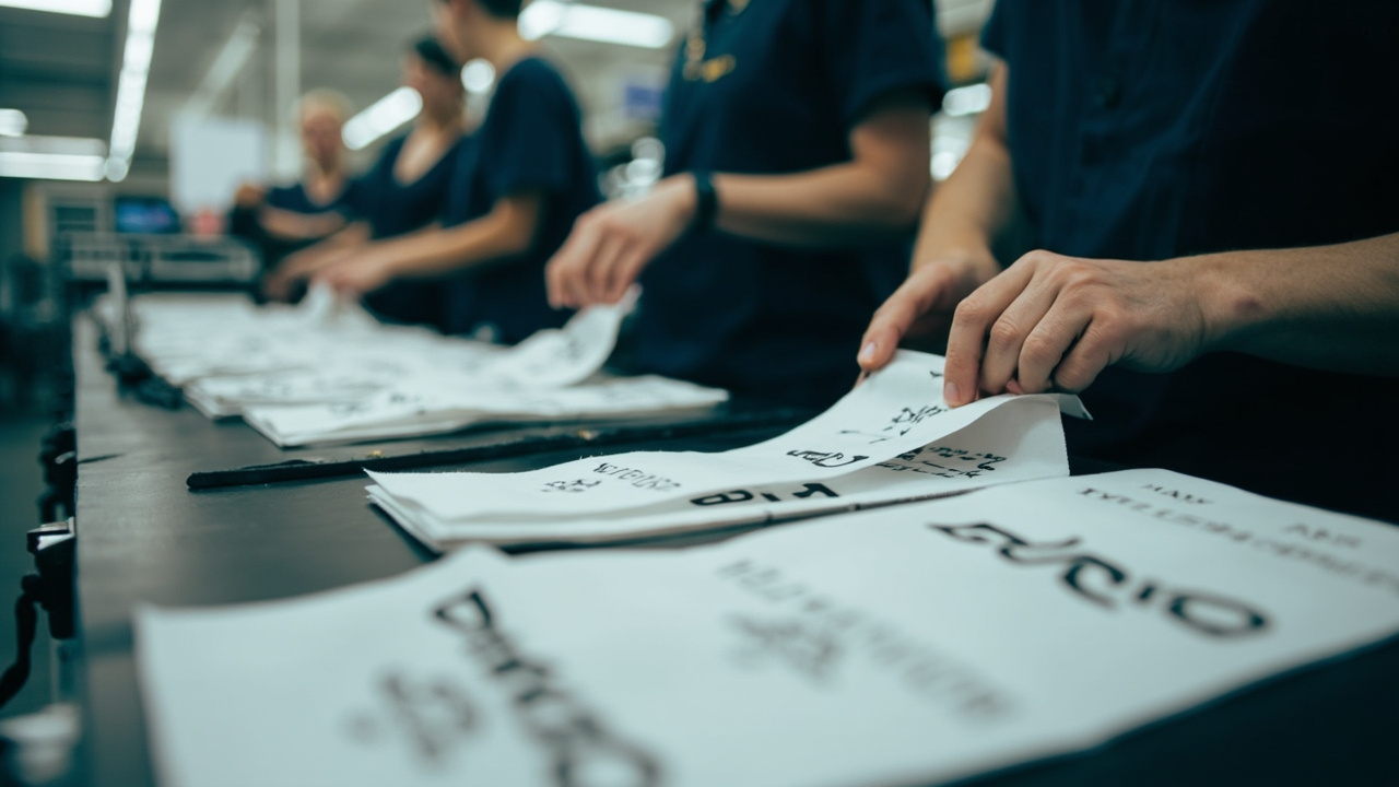 Custom printed clothing labels and branded tags being manufactured in a textile factory showing garment label production process