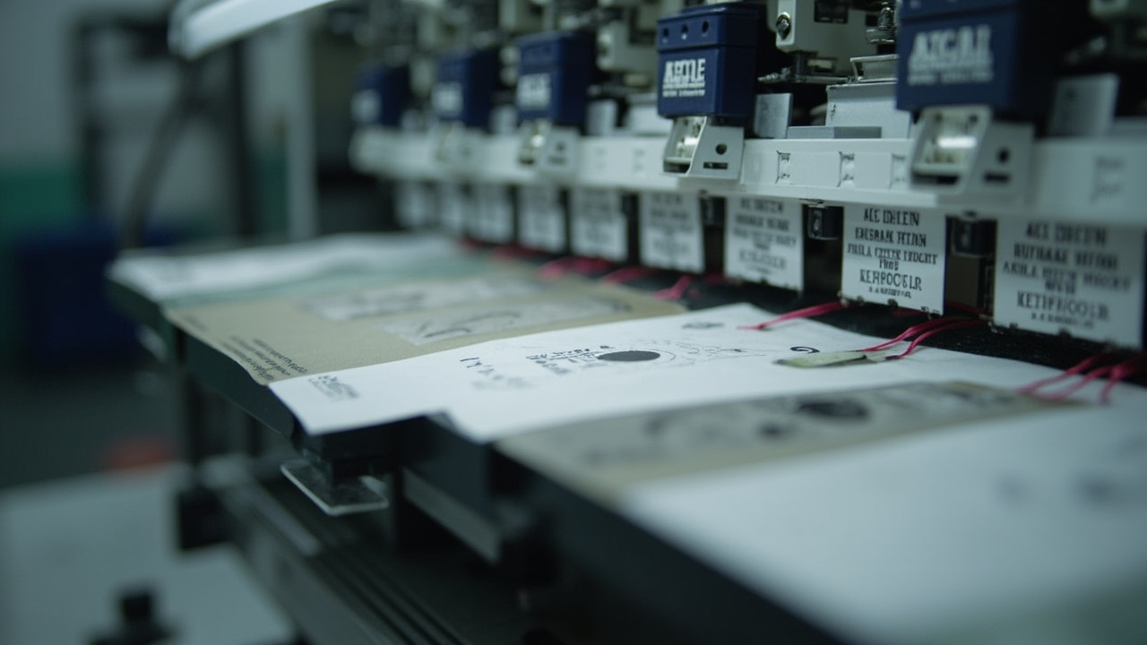 Close-up view of custom woven labels and fabric tags with brand logos in a garment factory showing textile label production quality