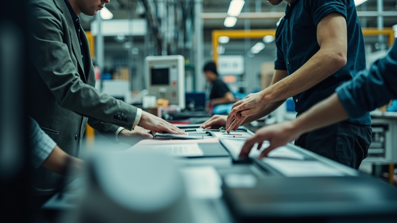 Professional view of garment packaging process with branded labels attached to apparel products in a clothing factory assembly line
