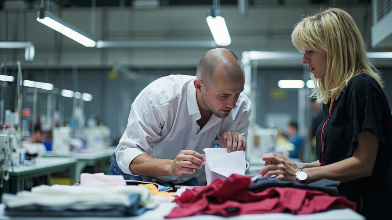 Quality inspection table with fabric samples at clothing factory during DDP shipping preparation process