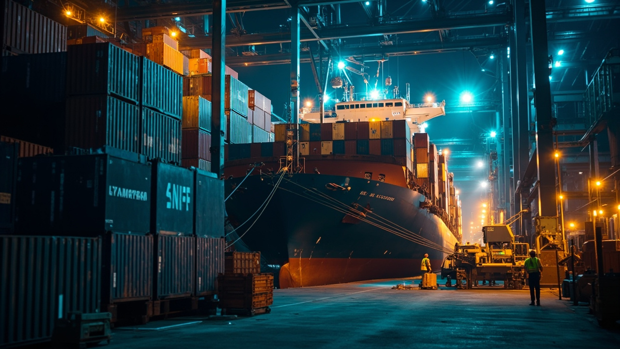Container ship loading apparel goods at shipping port representing DDP shipping process for clothing brands