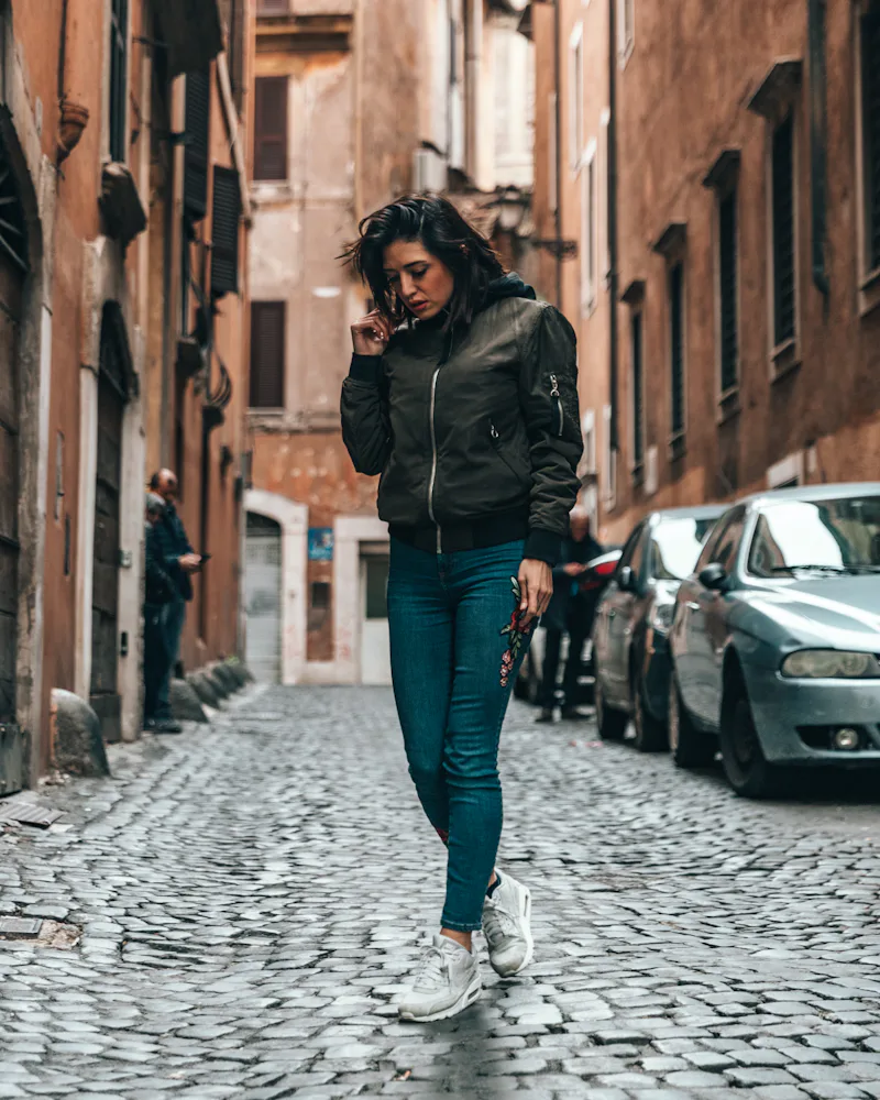 Bomber jacket manufacturer sample with ribbed collar, cuff, and waistband and a sleeve zip pocket