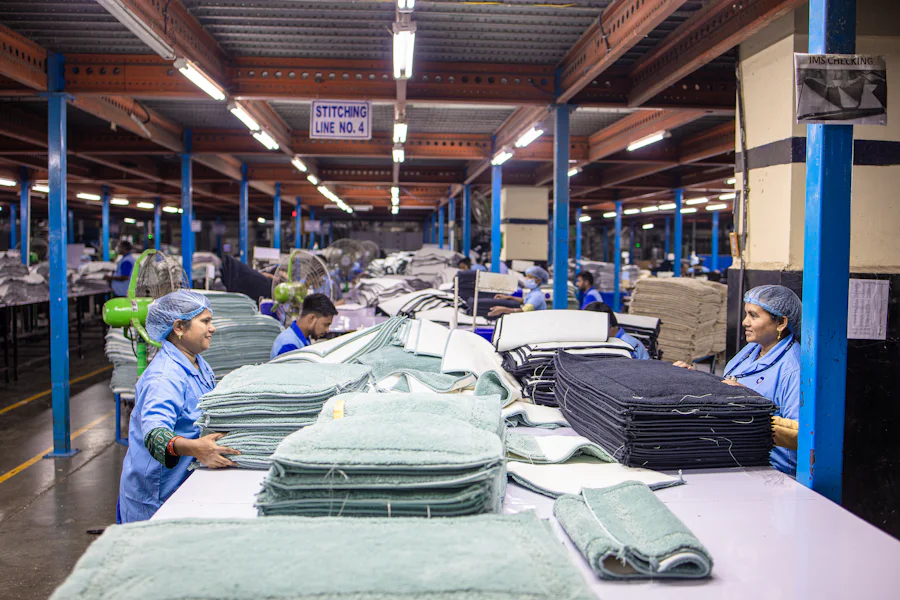 Custom sportswear manufacturer factory production line cutting and stitching fabric
