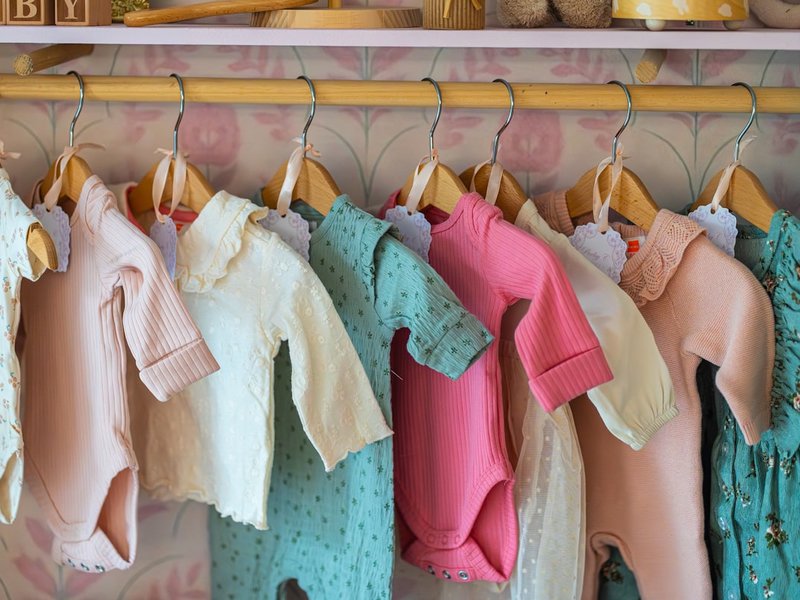 Row of pastel-colored baby onesies and rompers hanging on a rack