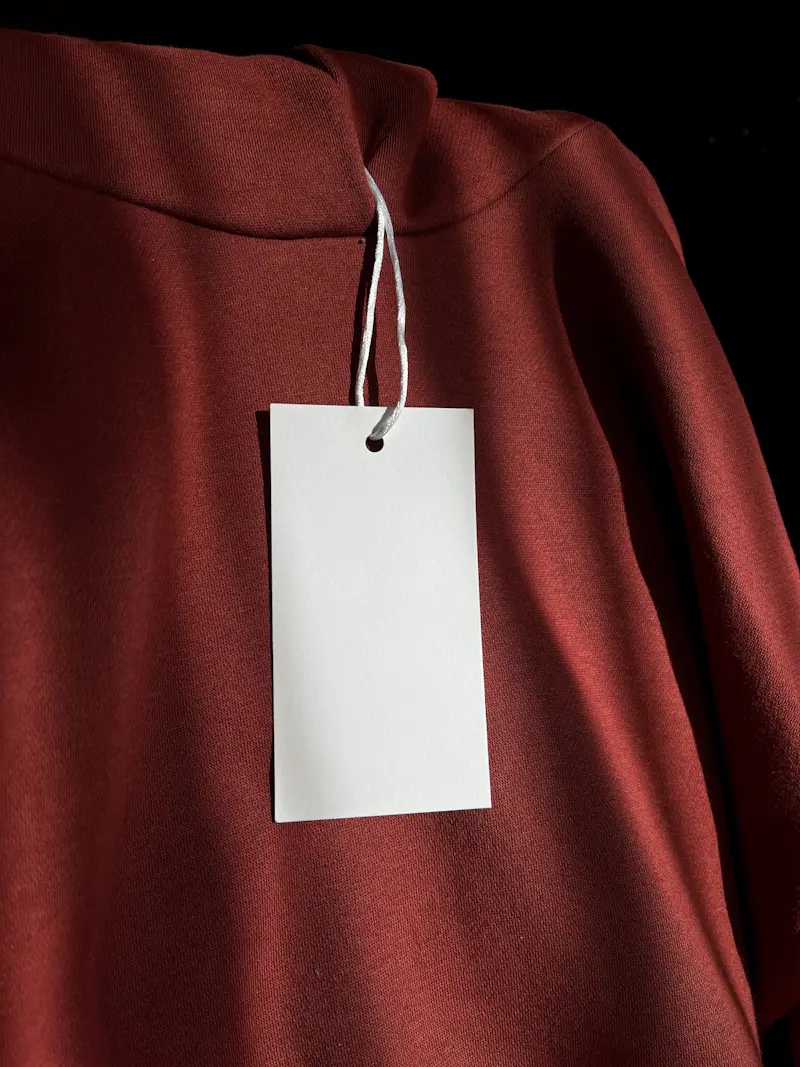 Blank garment hang tag where OEKO-TEX certification and compliance details are typically printed