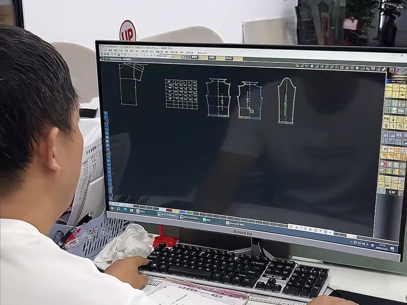 Pattern maker digitizing a garment pattern and grading grid on CAD software