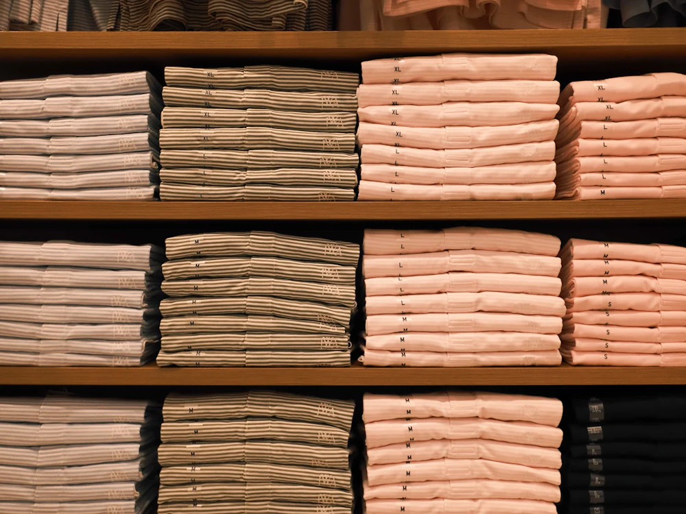 Folded garments with sewn-in size labels visible along the fold, showing where woven and printed labels sit on a finished product