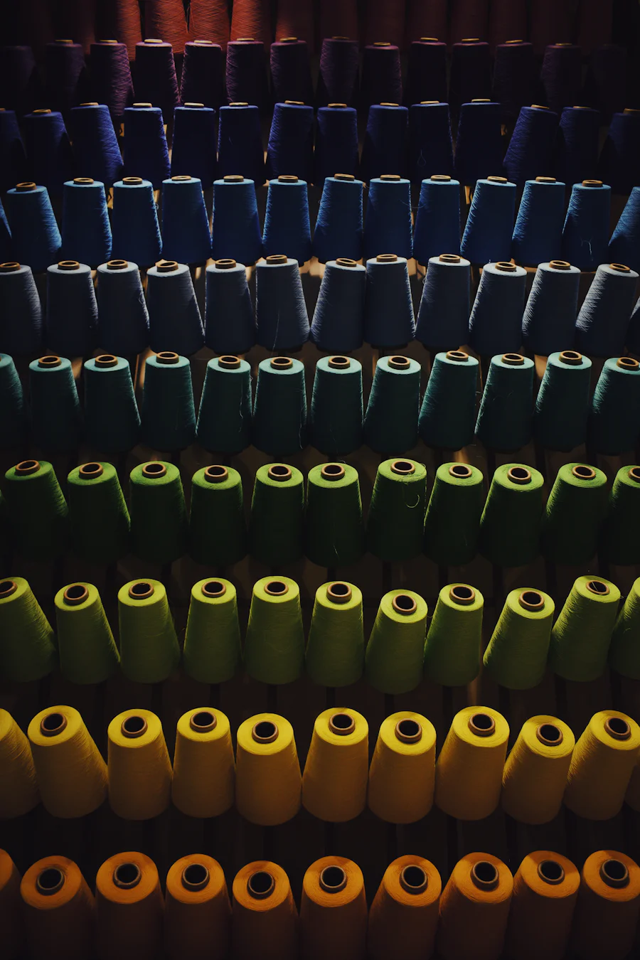 Rows of dyed yarn cones at a textile mill supplying fabric for clothing manufacturers