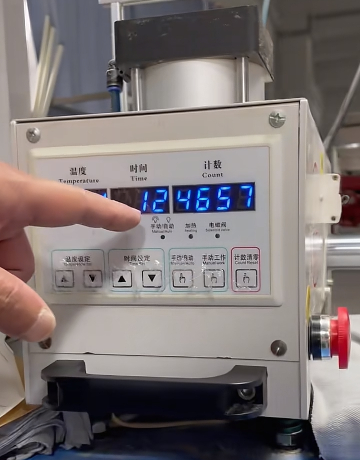 Heat press machine control panel with digital temperature, time and count display
